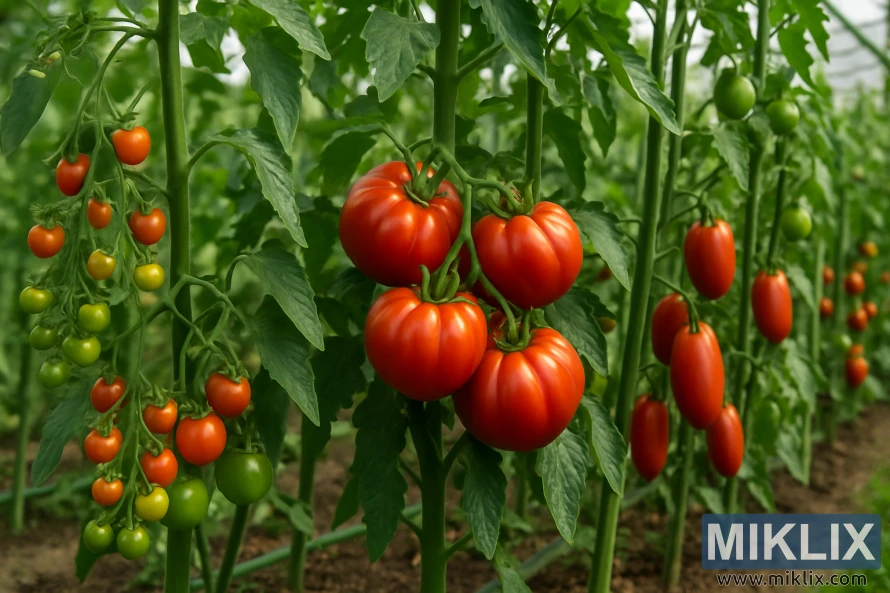 Cachos de tomates maduros e verdes crescendo em plantas verdes e saudáveis dentro de uma estufa. Cachos de tomates maduros e verdes crescendo em plantas verdes e saudáveis dentro de uma estufa.