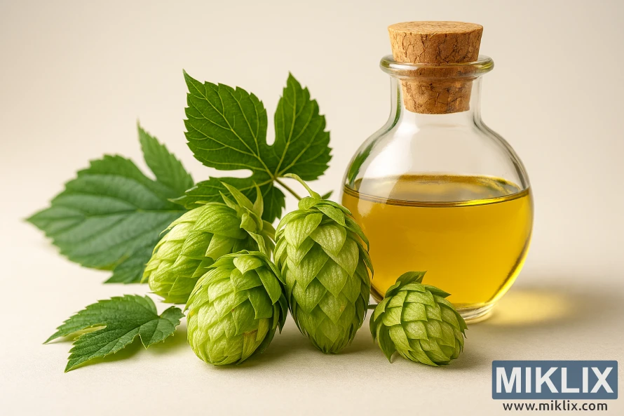 Макрофотография свежих зеленых шишек хмеля, листьев и стеклянной бутылки золотистого хмелевого масла на нейтральном студийном фоне. Макрофотография свежих зеленых шишек хмеля, листьев и стеклянной бутылки золотистого хмелевого масла на нейтральном студийном фоне.