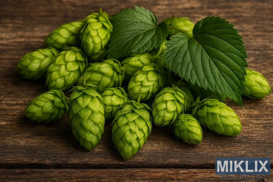 Kerucut hop dan daun Green Admiral di permukaan kayu yang lapuk Kerucut hop dan daun Green Admiral di permukaan kayu yang lapuk