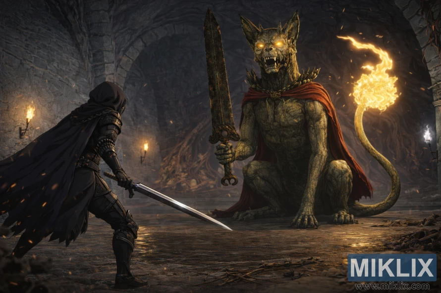 Anime style warrior in black armor holding a sword faces a giant stone watchdog boss seated with a massive blade inside a dark torchlit catacomb. Anime style warrior in black armor holding a sword faces a giant stone watchdog boss seated with a massive blade inside a dark torchlit catacomb.