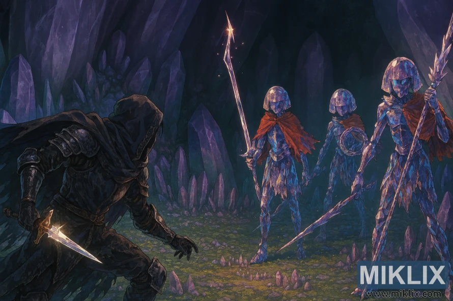 Anime stil fan art of the Tarnished bori tri Trubad Cristalians u kristalnoj pećini Anime stil fan art of the Tarnished bori tri Trubad Cristalians u kristalnoj pećini