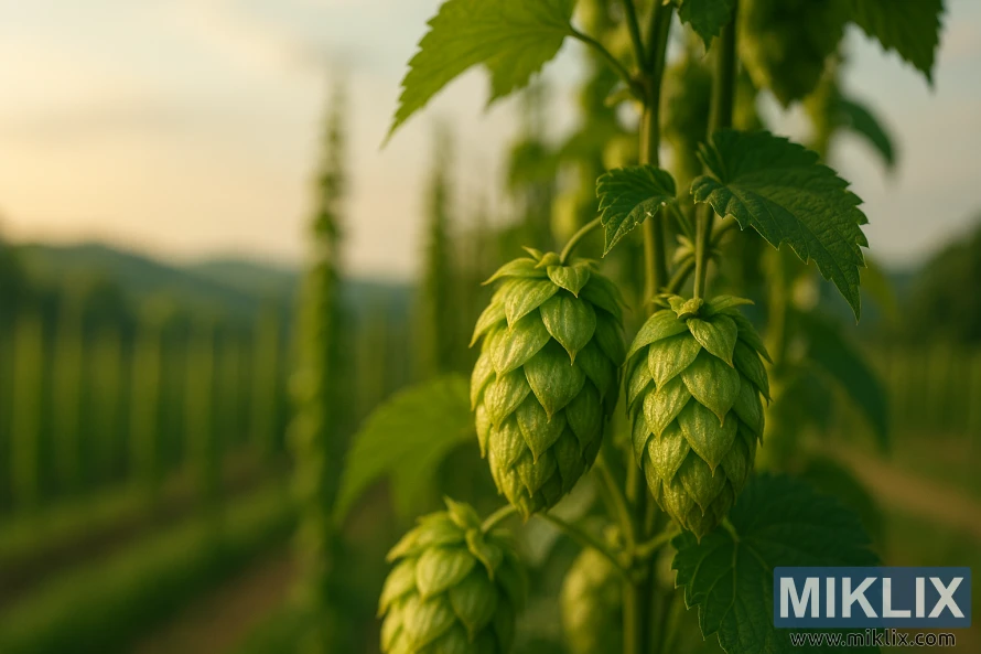 特寫鏡頭下的斯特里塞爾斯帕特啤酒花錐，沐浴在金色的陽光下，背景是模糊的啤酒花農場。