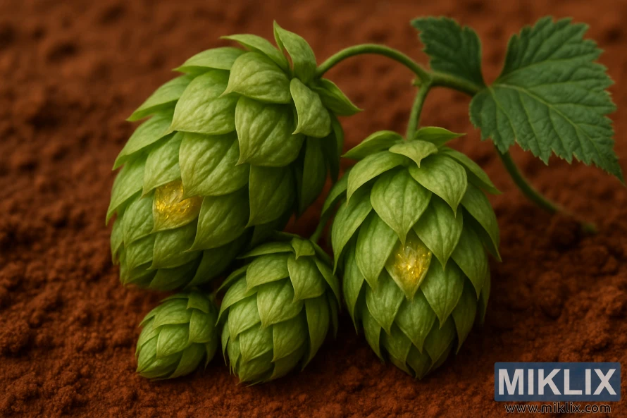 Apynių spurgų su auksinėmis lupulino liaukomis stambus planas sodraus raudonojo ochro dirvožemio fone, esant minkštai, išsklaidytai šviesai. Apynių spurgų su auksinėmis lupulino liaukomis stambus planas sodraus raudonojo ochro dirvožemio fone, esant minkštai, išsklaidytai šviesai.