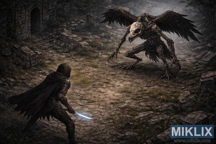 Semi realistic dark fantasy isometric view of a hooded armored warrior confronting a skeletal birdlike monster in ancient foggy ruins.