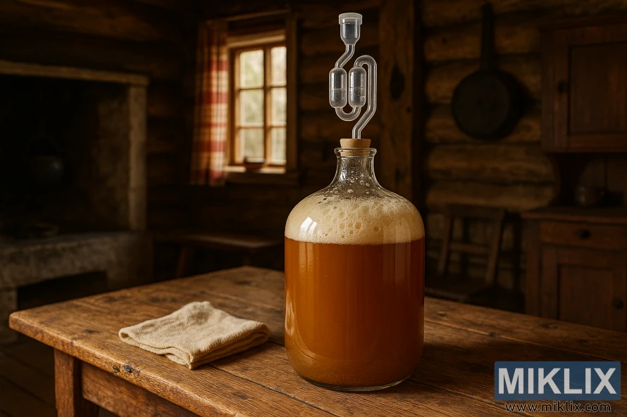 Botol kaca berisi bir pertanian Norwegia yang difermentasi di atas meja kayu di kabin kayu pedesaan. Botol kaca berisi bir pertanian Norwegia yang difermentasi di atas meja kayu di kabin kayu pedesaan.