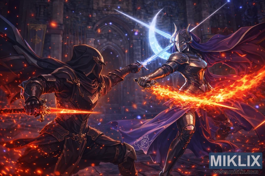 Anime-style fan art of the Tarnished in Black Knife armor dueling Rellana, Twin Moon Knight, inside Castle Ensis with blazing red and icy blue swords crossing in a storm of sparks.