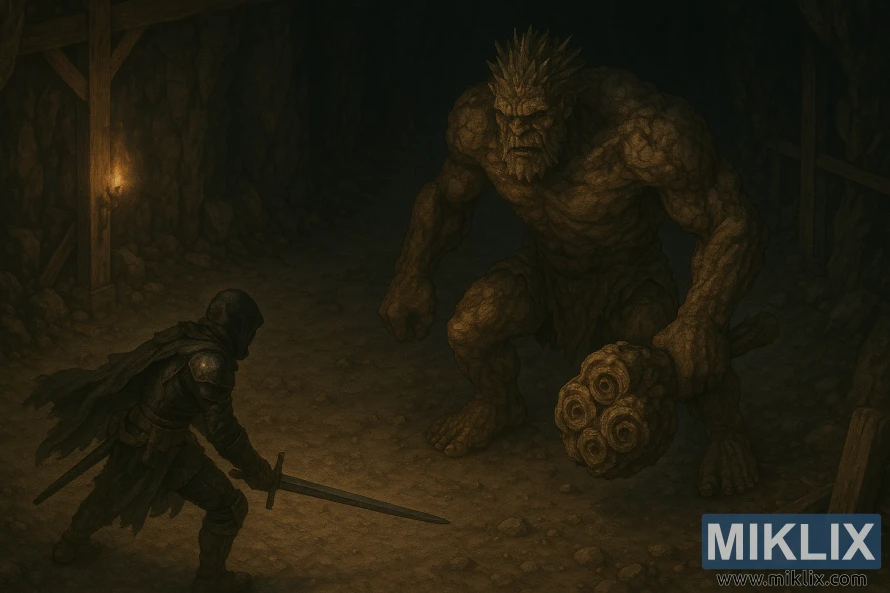 अँध्यारो भूमिगत सुरुङ भित्र विशाल स्टोनडिगर ट्रोलको सामना गर्दै सिधा तरवार बोकेको कलंकित व्यक्तिलाई देखाइएको ल्याण्डस्केप काल्पनिक कलाकृति।