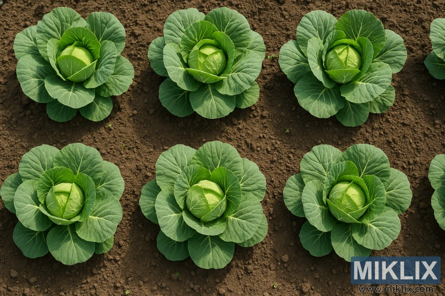 Pogled odozgo na devet ravnomjerno raspoređenih biljaka kupusa koje rastu u vrtnoj gredici. Pogled odozgo na devet ravnomjerno raspoređenih biljaka kupusa koje rastu u vrtnoj gredici.