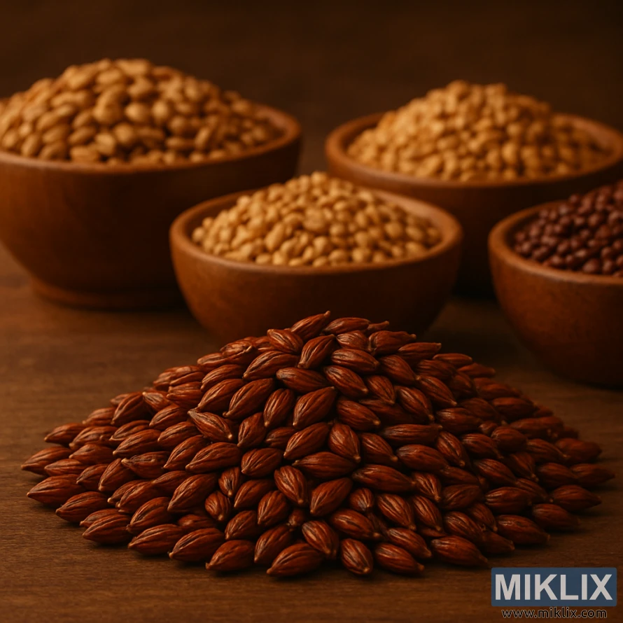 Mrtva priroda zrna melanoidinskog slada sa zdjelicama minhenskog, bečkog i karamel slada na drvetu.