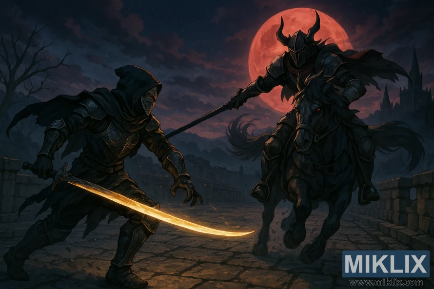 Anime-style scene of the Tarnished battling the Night’s Cavalry on a stone bridge in Elden Ring.