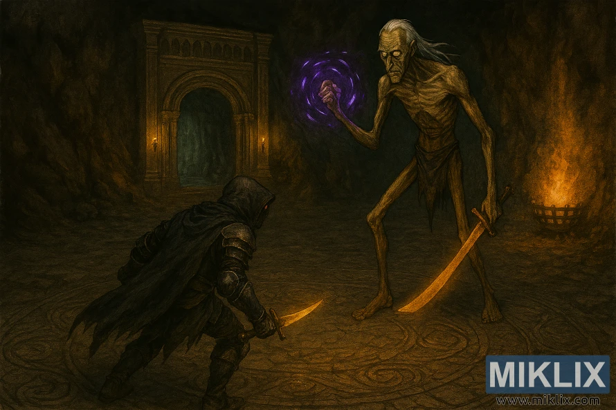 Semi-realistic isometric illustration of the Tarnished in Black Knife armor battling a towering Onyx Lord in Elden Ring's Sealed Tunnel