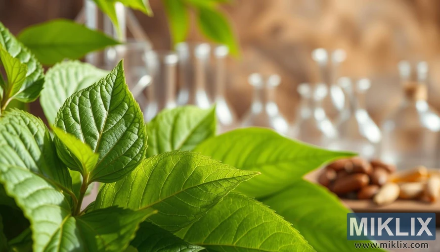 Pamje nga afër e gjetheve të gjelbra të ashwagandhas me enë qelqi laboratori dhe sfond me nuanca dheu.