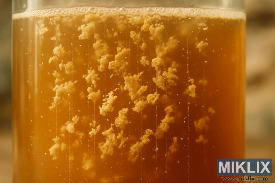 En närbild av en disig bärnstensfärgad vätska i ett glaskärl med stigande bubblor och flockulerande jäst. En närbild av en disig bärnstensfärgad vätska i ett glaskärl med stigande bubblor och flockulerande jäst.