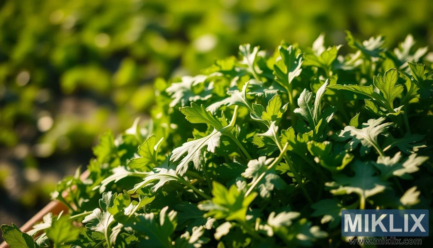 Gros plan de feuilles de roquette fraîches dans une lumière chaude, textures croquantes et verts vibrants, fond de jardin.