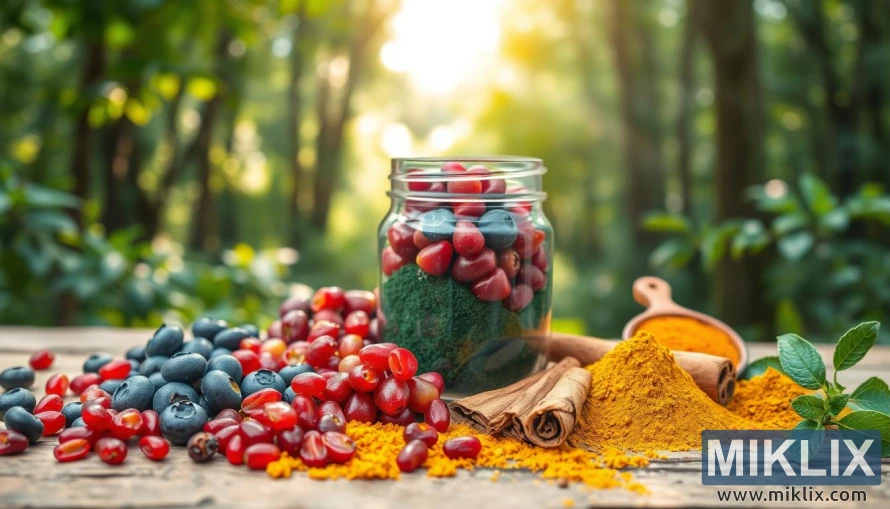 जंगलाच्या पार्श्वभूमीवर, ग्रामीण लाकडी पृष्ठभागावर ताज्या ब्लूबेरी, डाळिंब, स्पिरुलिना आणि गोजी बेरी.