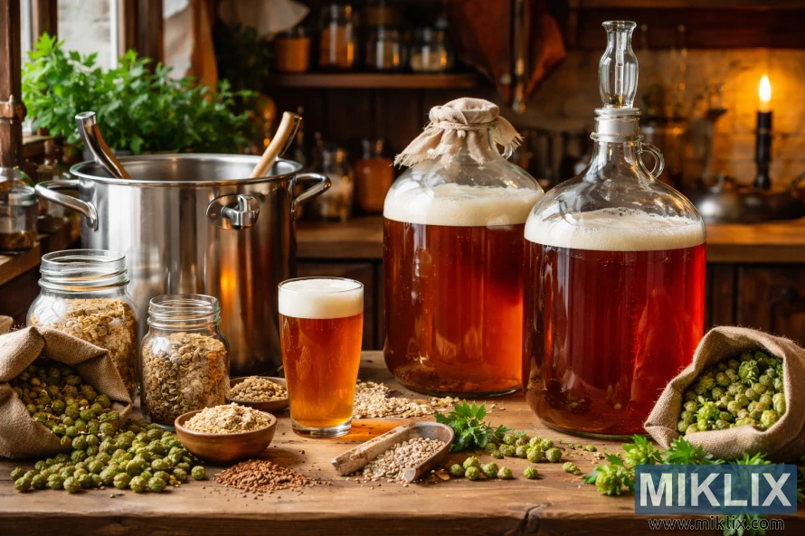 Rustikalna kuhinjska radna ploča s izloženim staklenim balonima fermentirajućeg piva, kotlom za kuhanje, hmeljem, žitaricama i svježe natočenom kriglom piva