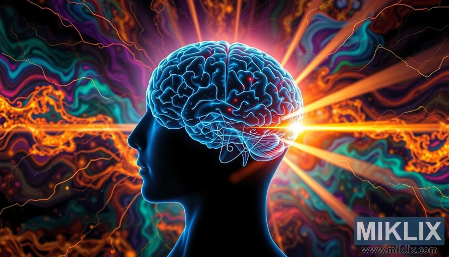 Илюстрация на глава със светеща аура, невронни пътища и успокояваща кехлибарена светлина за облекчаване на мигрена. Илюстрация на глава със светеща аура, невронни пътища и успокояваща кехлибарена светлина за облекчаване на мигрена.