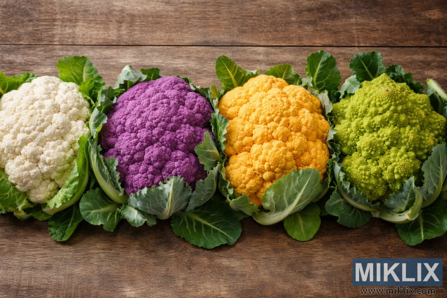 Quatre coliflors diferents —romanesco blanca, morada, taronja i verda— disposades en fila sobre una superfície de fusta, mostrant els seus colors i textures diferents.