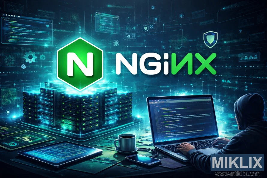 Illustration futuriste du logo NGINX au-dessus de baies de serveurs avec un développeur travaillant sur du code, représentant l'infrastructure web moderne et les guides techniques.