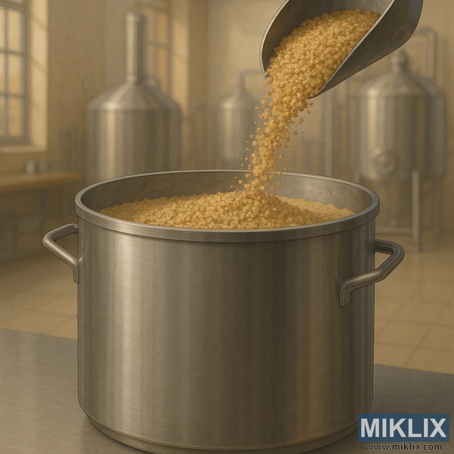 Tunanin dusar ƙanƙara bakin karfe cike da dusar ƙanƙara yayin da aka murƙushe malt ɗin da ke tsirowa daga ɗaki, tare da tankunan fermentation a bangon masana'antar giya ta zamani.