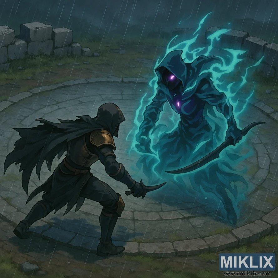 Изометријски уметнички рад у аниме стилу приказује Потамњелог у оклопу Црног Ножа како се суочава са Алектом, Вођом Црног Ножа, у кишом натопљеној кружној каменој арени.