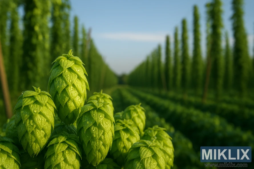 Close-up of fresh Hallertauer Gold hop cones with dew, set against a sunlit hop field.