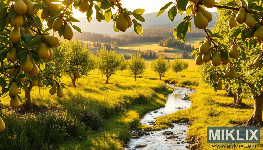 Birnbäume mit reifen Früchten in einem sonnenbeschienenen Obstgarten mit einem Bach und sanften Hügeln. Birnbäume mit reifen Früchten in einem sonnenbeschienenen Obstgarten mit einem Bach und sanften Hügeln.