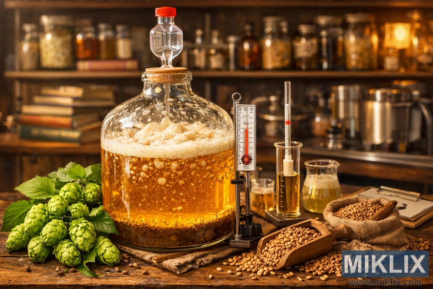 వెచ్చని ప్రయోగశాల వాతావరణంలో హాప్స్, మాల్ట్ గ్రెయిన్స్ మరియు బ్రూయింగ్ పరికరాలతో చుట్టుముట్టబడిన బబ్లింగ్ గోల్డెన్ పసిఫిక్ ఆలేతో నిండిన గాజు కిణ్వ ప్రక్రియ పాత్ర. వెచ్చని ప్రయోగశాల వాతావరణంలో హాప్స్, మాల్ట్ గ్రెయిన్స్ మరియు బ్రూయింగ్ పరికరాలతో చుట్టుముట్టబడిన బబ్లింగ్ గోల్డెన్ పసిఫిక్ ఆలేతో నిండిన గాజు కిణ్వ ప్రక్రియ పాత్ర.