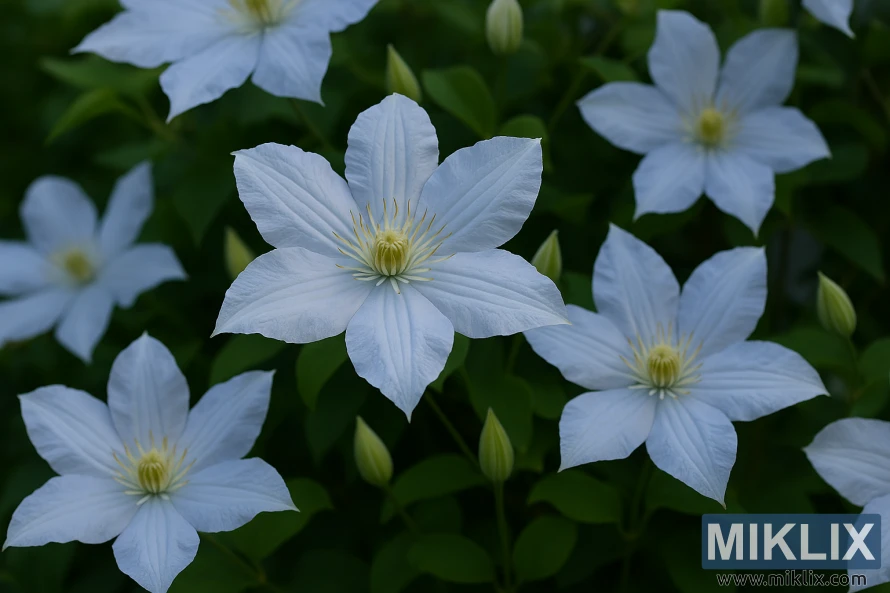 Detailed close-up of pale blue Clematis ‘Blue Angel’ flowers with soft ruffled petals and yellow stamens against a green background.