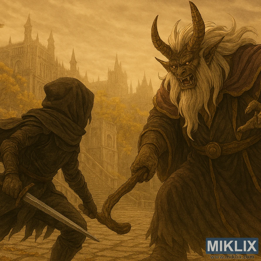 Realistic fantasy illustration of the Tarnished facing Morgott with a cane in Leyndell Royal Capital