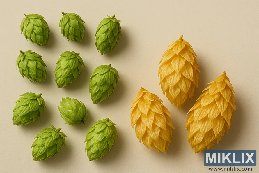 Houblons Crystal comparés à d'autres variétés de houblon sur un fond neutre.