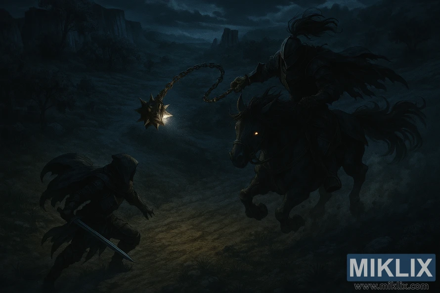 अल्टस हाइवेमा चन्द्रमाको उज्यालोमा नाइट्स क्याभलरीसँग लडिरहेको टार्निश्डको अर्ध-यथार्थवादी फ्यान आर्ट।