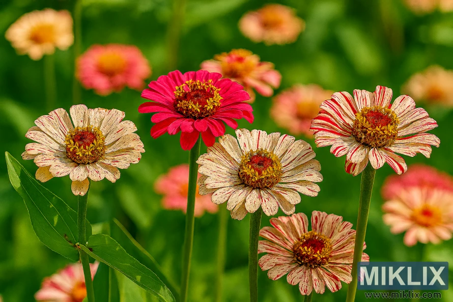 Landschapsfoto van Peppermint Stick-zinnia's met gespikkelde rode en witte bloemblaadjes in fel zomerzonlicht Landschapsfoto van Peppermint Stick-zinnia's met gespikkelde rode en witte bloemblaadjes in fel zomerzonlicht