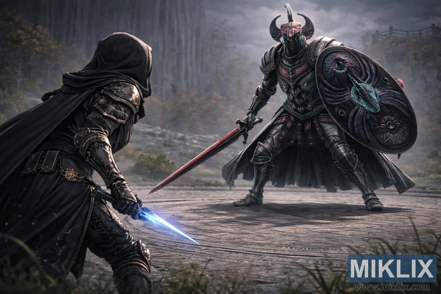 Anime-style Elden Ring fan art showing the Tarnished from behind facing a much larger Crucible Knight in the Stormhill Evergaol before battle. Anime-style Elden Ring fan art showing the Tarnished from behind facing a much larger Crucible Knight in the Stormhill Evergaol before battle.