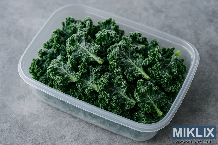 Close-up of frozen kale leaves in a transparent plastic container on a gray surface.