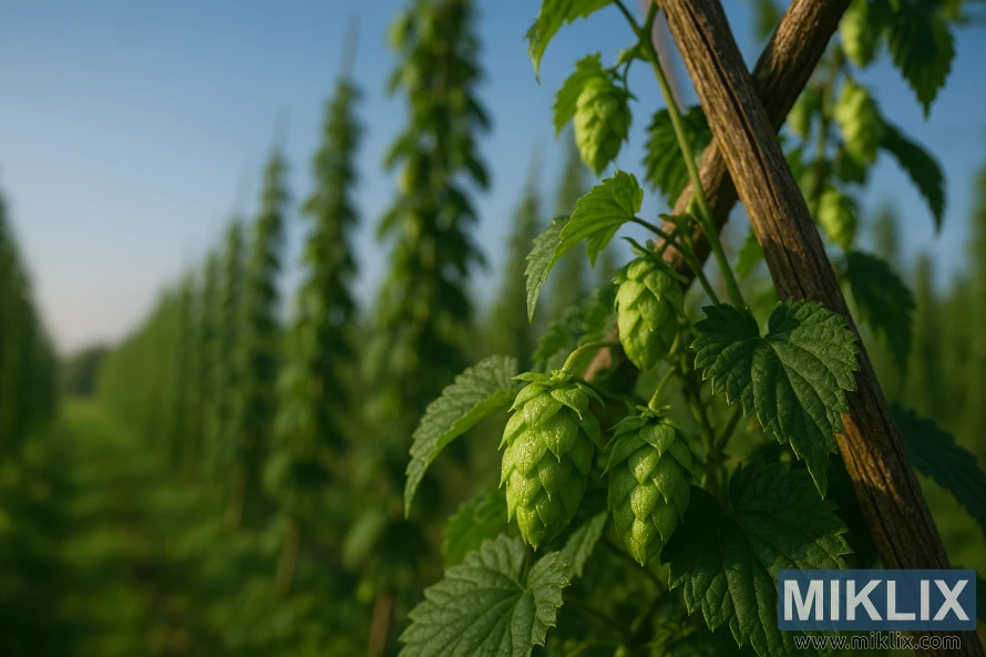 Close-up of dewy Hersbrucker E hop cones on a trellis in a sunlit hop field