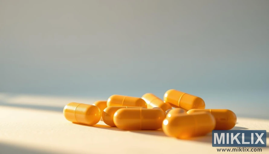 Fényes glükózamin-szulfát kapszulák közeli képe meleg megvilágításban, lágy, elmosódott háttérrel.