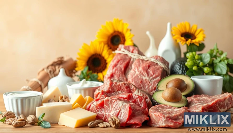 Natura morta d'aliments rics en CLA, com ara carns, lactis, fruits secs, llavors i alvocats, sobre un fons càlid.