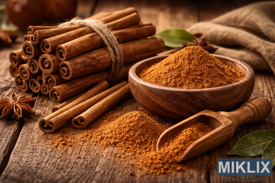 ଏକ ଗ୍ରାମୀଣ କାଠ ଟେବୁଲ୍ ଉପରେ ପେଷା ଦାରୁଚିନିର ଏକ କାଠ ପାତ୍ର ପାଖରେ ସୂତା ସହିତ ଗୁଡ଼ାଯାଇଥିବା ଦାରୁଚିନି କାଠି।