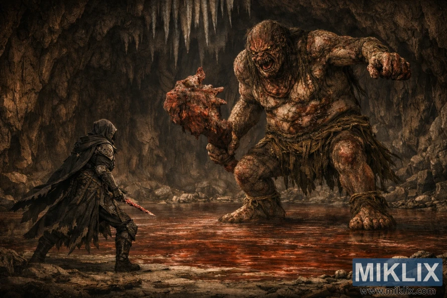 Weite, düstere Fantasy-Ansicht der Befleckten, die einem turmhohen Blutdämonenhäuptling in einer riesigen, blutüberfluteten Höhle kurz vor dem Kampf gegenüberstehen.