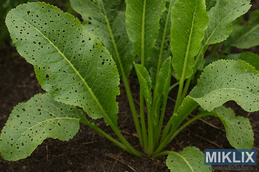 Close-up of horseradish leaves with small holes from flea beetle damage