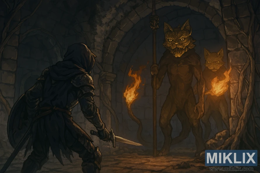 Fan art in stile anime dei Tarnished che affrontano due boss dell'Erdtree Burial Watchdog in una catacomba oscura.