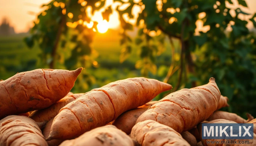 Batata-doce fresca com vinhas verdes e folhas sob um brilho quente de hora dourada. Batata-doce fresca com vinhas verdes e folhas sob um brilho quente de hora dourada.
