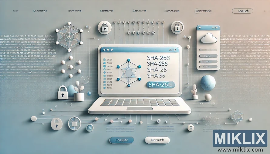 Laptop with SHA-256 hash text, padlocks, and cloud icons symbolizing online hash function calculators.