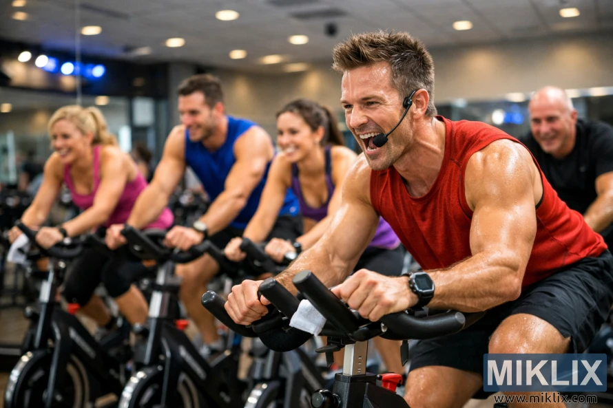 Instructor leading a high-intensity indoor cycling class in a bright, modern fitness studio with riders pedaling in sync.