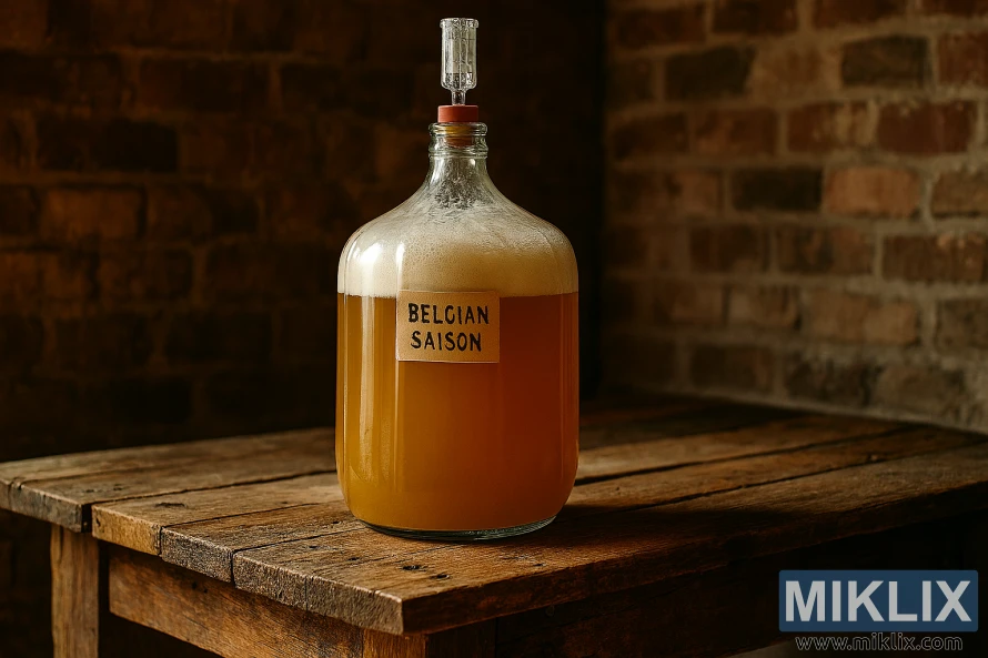 Glass carboy fermenting a golden Belgian Saison on a rustic wooden table against an aged brick wall.