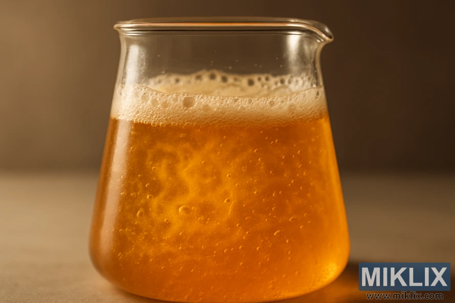 Kusa da ƙwanƙolin gilashi tare da ruwa mai haifuwa na zinariya-amber, kumfa, da kumfa a kan bango mai duhu mai duhu.