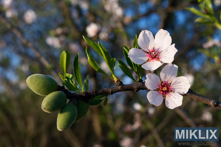 Plano aproximado da amendoeira Hardy de Hall com flores tardias e amêndoas verdes em desenvolvimento Plano aproximado da amendoeira Hardy de Hall com flores tardias e amêndoas verdes em desenvolvimento