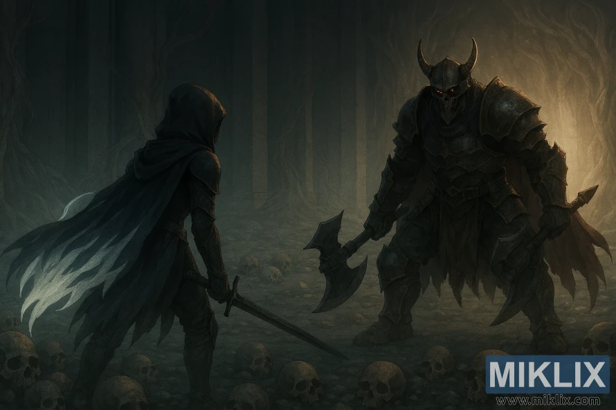 ଫଗ୍ ରିଫ୍ଟ କାଟାକମ୍ବସ୍‌ରେ ଡେଥ୍ ନାଇଟ୍ ବସ୍‌ଙ୍କ ସାମ୍ନାରେ କଳା ନାଇଫ୍ ଆର୍ମରେ ଟାର୍ଣ୍ଣିସ୍‌ର ବାସ୍ତବବାଦୀ ପ୍ରଶଂସକ କଳା।