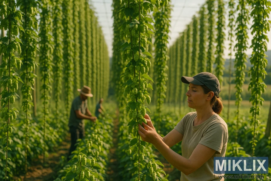 Arbeidere høster moden Perle-humle i en solbelyst humlegård med høye espalier, bølgende åser og gyllent lys i bakgrunnen.